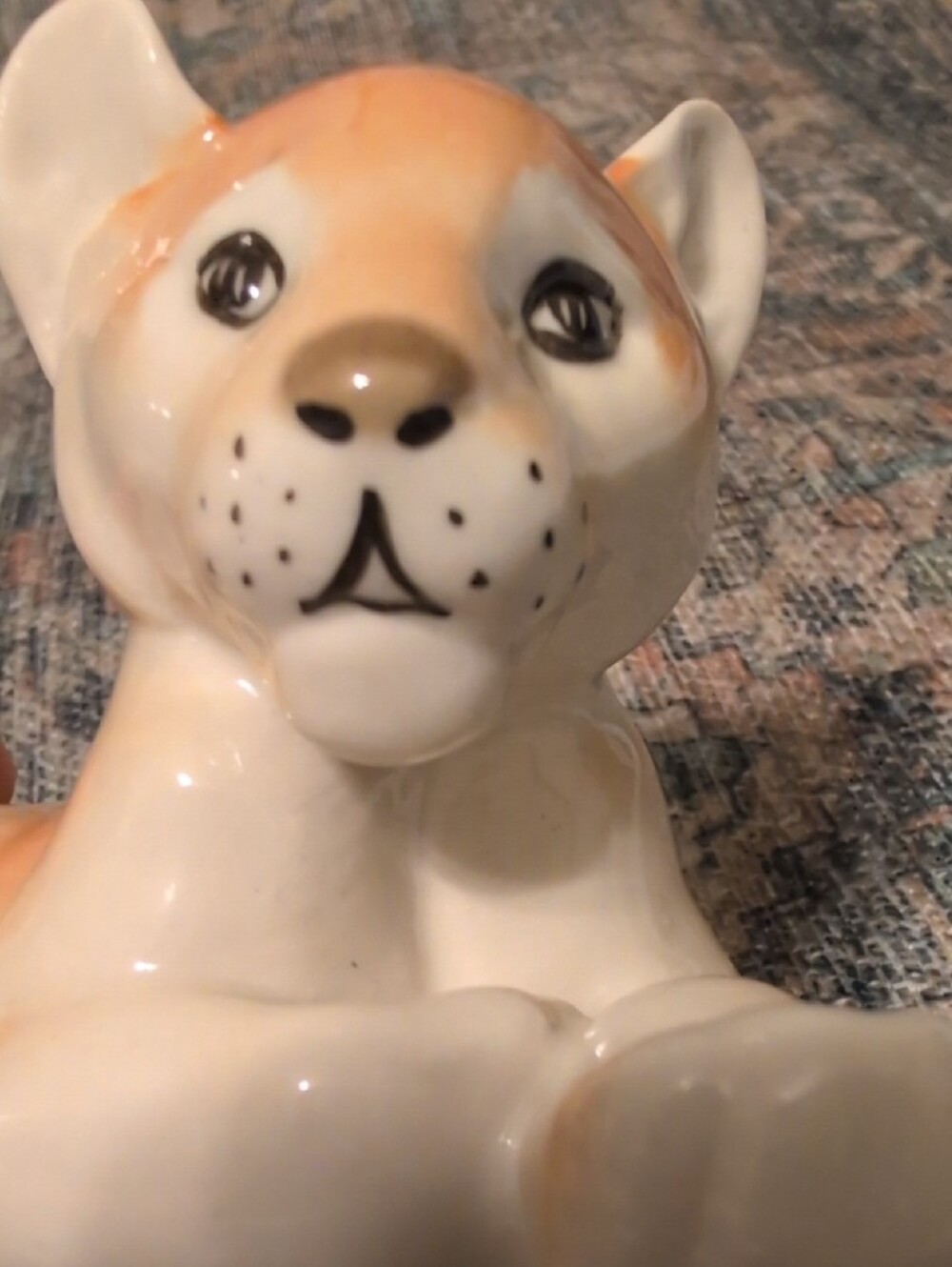 Glossy Ceramic Lying Lioness Figurine in Cream and Tan - Picture 5 of 7